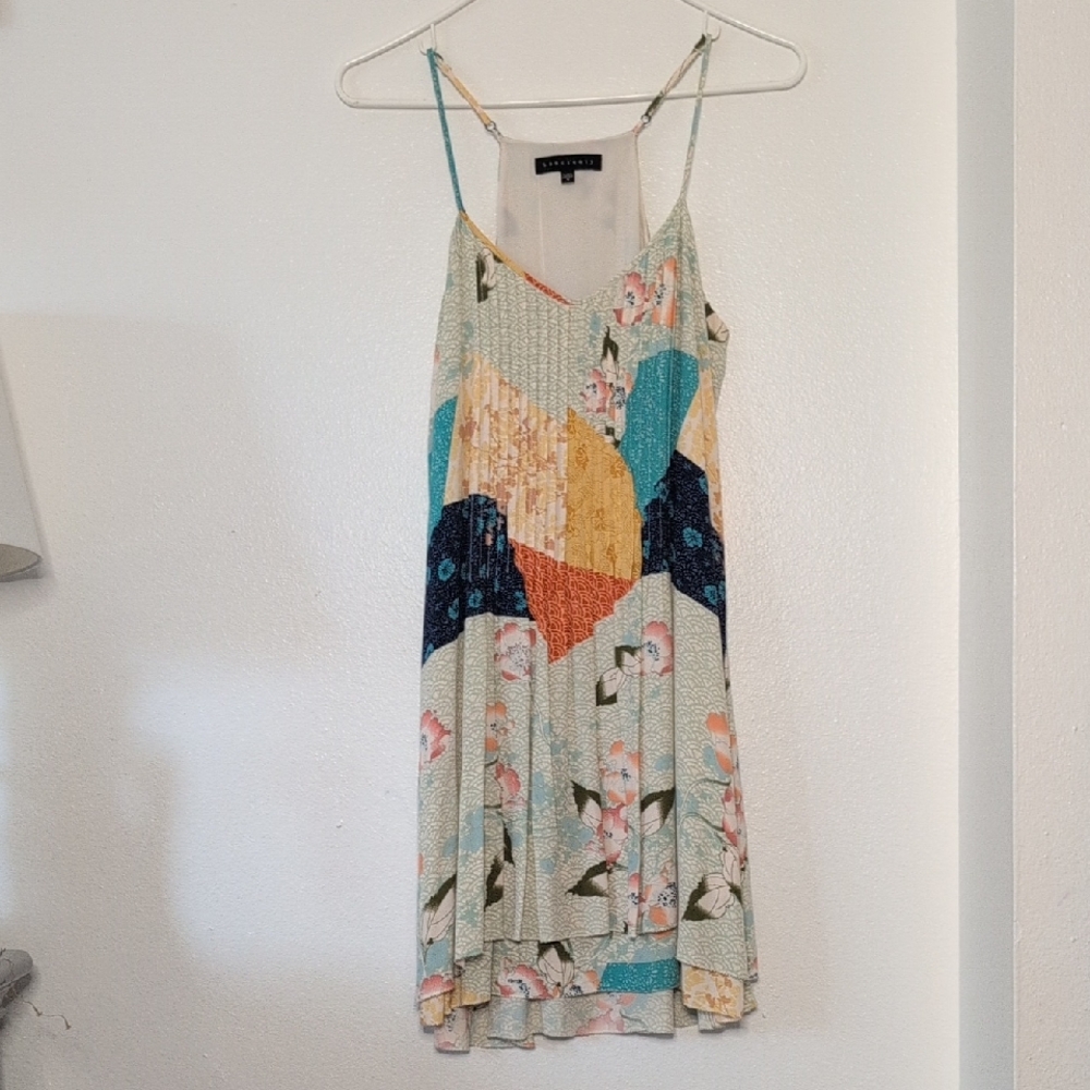 Sanctuary Patchwork Asymmetrical Slip Dress in Teal, Yellow, Navy, Orange
